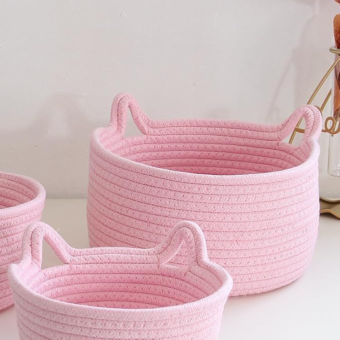 Small Cat Ears Basket, Woven Cotton Rope Organizer with Handles - Decorative Nursery Bin & Box for Baby, Pet Toy Storage