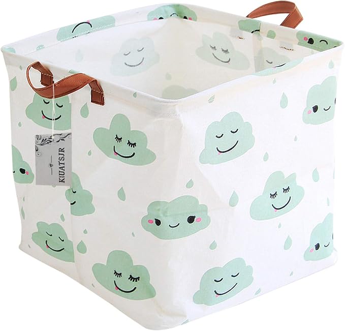 Square Storage Bins Canvas Collapsible Storage Basket with Handles Toy Organizer for Nursery, Kid's Toys, Closet & Laundry, Gift Baskets (Green Cloud)