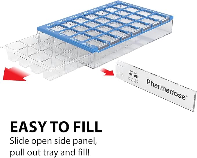 Ezy Dose Pharmadose Weekly 7-Day, 4X/Day Pill Organizer, Blue, Medium | 28 Medium Compartment Pill Case, Medicine Planner, Vitamin Organizer with Easy Fill Tray, BPA Free