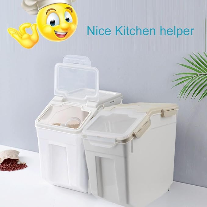 25LB Large Flour Storage Container Bin ,2 Pack Airtight Plastic with Wheels Seal Locking Lid Dispenser Organizer Storage Bin with Measuring Cup & Scoop for Flour, Rice, Grain 50LBS Total