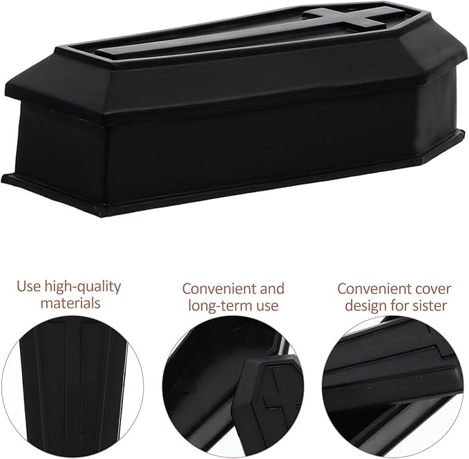 Healifty Mini Coffin Box Pet Casket Box with Lid for Halloween Decor | Black Small Plastic Casket Model for Trinkets, Candy, Dollhouse Scenes, Spooky Tables, Haunted Houses and Party Favors