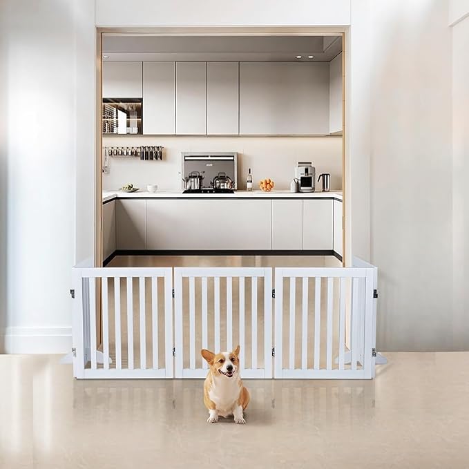 unipaws 24”H Free Standing Pet Gate for Dog Cat, 100”Wide Wooden Dog Gates | Foldable Pet Fence for Doorway, Stairs, Step, Expandable Doggy Barrier, Indoor Use, White
