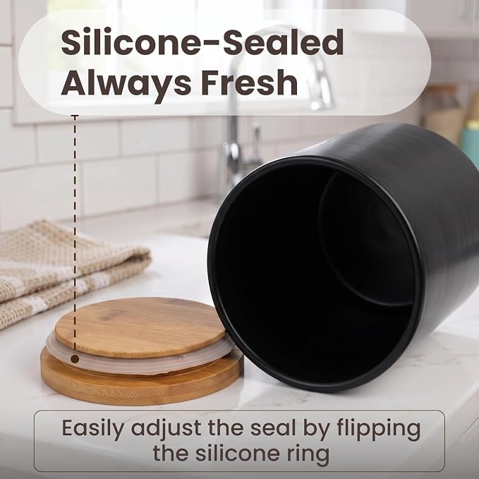 Arthausen Black Ceramic Storage Jar Canister for Flour Sugar - Airtight Bamboo Lid w/Silicone Seal, Spoon - Modern Abstract Art Design for Kitchen Counter Bathroom - 4 cup / 1080mL