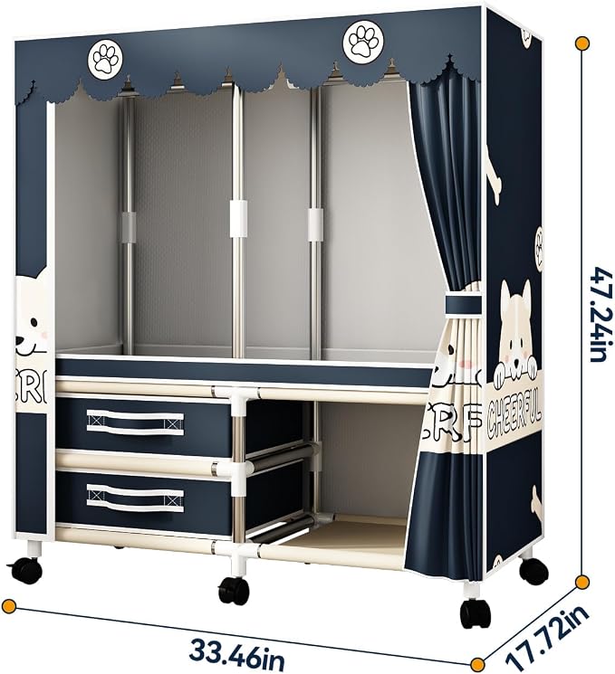 Large Portable Armoire Wardrobe Closet with 4 Hanging Rods and Lockers,Metal Storage Wardrobe Clothes Rack with Dust Cover for Clothes,16.7 in Wide,Bedroom,Gray (Navy Blue, 33.5 in)