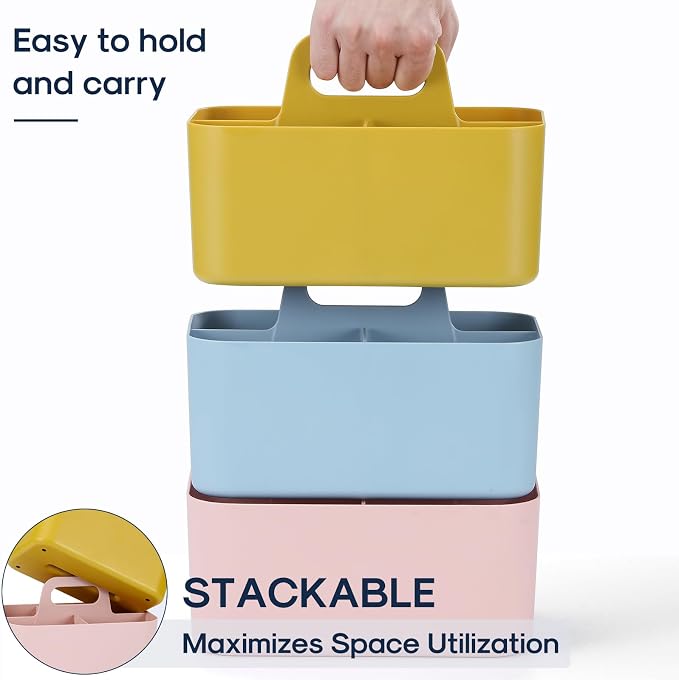 Multiuse Caddy Organizer with Handle, Portable Divided Plastic Tote Bin - Art Craft, Stationary Pen Marker Crayon, Makeup Hair Supplies Storage - Bathroom, Classroom, Dorm, Office, Desk Holder -Yellow