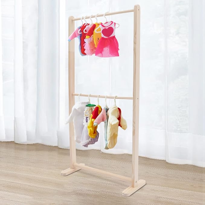 2 Tier Children Pets' Clothes Rack, Kids Clothing Rack, Small Clothes Rack Kids Dress Up Storage, Wooden Garment Display Hanging Rack, Pet Cloth Organizer