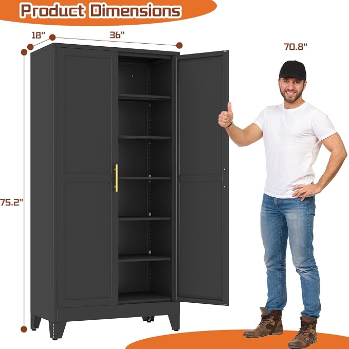 Black Metal Storage Cabinet,75" Steel Cabinets for Home Office | Kitchen Pantry Storage Cabinet with Doors and 5 Adjustable Shelves, Tool Cabinets, for Office, Home, Garage, School, 36W