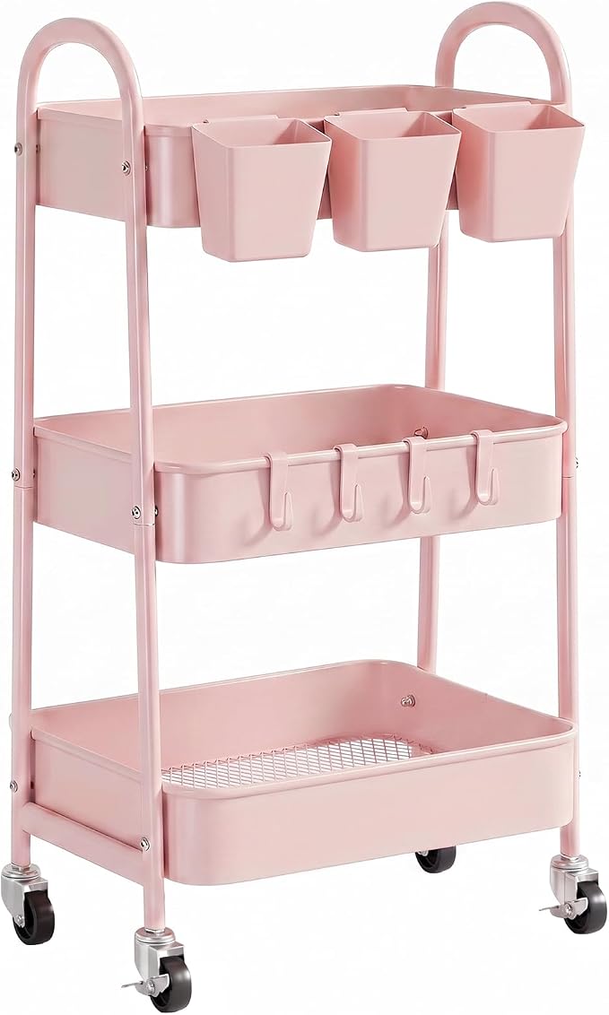 danpinera 3-Tier Rolling Cart, Utility Cart Mobile Metal Rolling Storage Cart with Lockable Wheels & Hanging Cups & Hooks for Kitchen, Bathroom, Office, Workshop, Pink