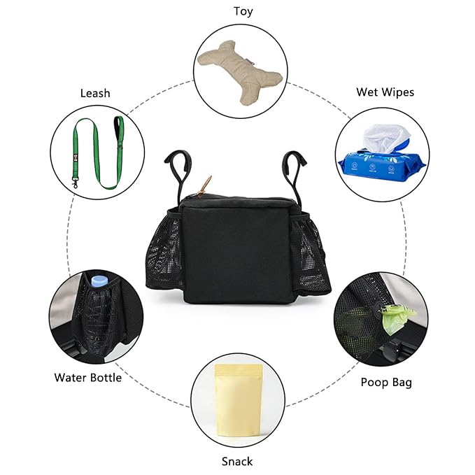 Haofy Dog Stroller Caddy Organizer Large Capacity Hanging Bag for Pet Stroller Accessories Multifunctional Storage Pockets Water Bottle Holder Pet Travel Hiking Camping Carrier (Black)