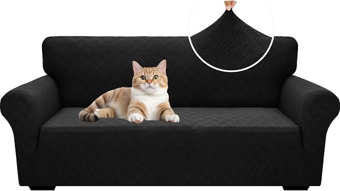 YEMYHOM Couch Cover Latest Jacquard Design High Stretch Sofa Covers for 3 Cushion Couch, Pet Dog Cat Proof Slipcover Non Slip Magic Elastic Furniture Protector (Large, Leaf Patten Black)
