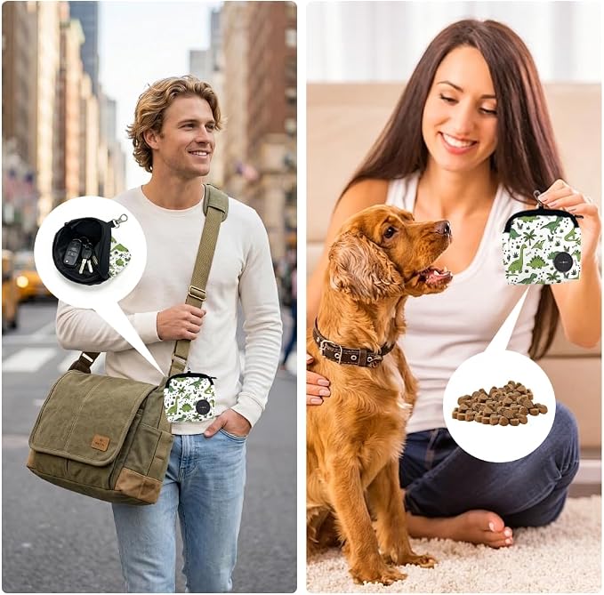 Cute Dog Treat Pouch 5.12 x 4.72 Inch Clip on Pet Treat Bag Cartoon Dinosaur Pattern Polyester Portable Snack Reward Dog Food Dispensers with 1 Roll Garbage Bags for Traveling Outdoor Use