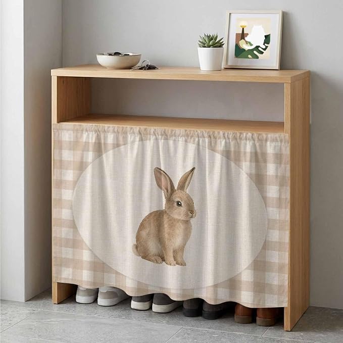 Rabbit Plaid Cabinet Dishwasher Hidden Curtains, Privacy Closet Door Curtain, Rustic Farmhouse Checkered Retro Animal Adhesive Dust Proof Under Sink Skirt for Bathroom Kitchen 35"x35"