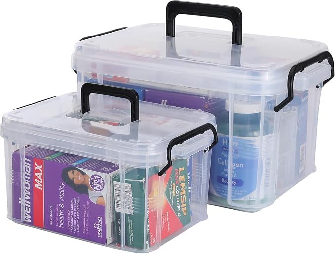 HEY FOLY Set of 2 Clear Medicine Organizer Storage Box with Tray, 15qt+5qt Plastic First Aid Box Empty, Thickened Medicine Container Chest, Multipurpose Medical Case with Labels, Clear Medicine Caddy