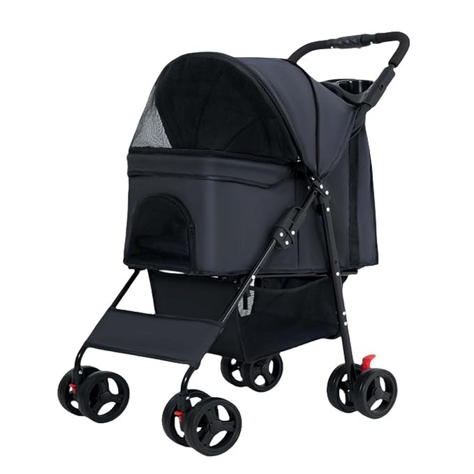 Folding Dog Carrier, 4 Wheels Pet Carrier for Small/Medium Dogs and Cats,with Multifunctional Cup Holder and Storage Basket,Portable Cat Carrier or Dog Crate for Travel Gear,Large Space (Black)