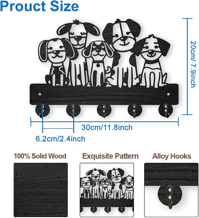 MAYJOYDIY Dog Coat Hook Wall Mount 11.8x7.9in Wood Cute Pet Animal Puppy Wall Art Decor 5 Alloy Hooks Black Hook Rack Hat Dog Leash Holder for Entryway Living Room Gift