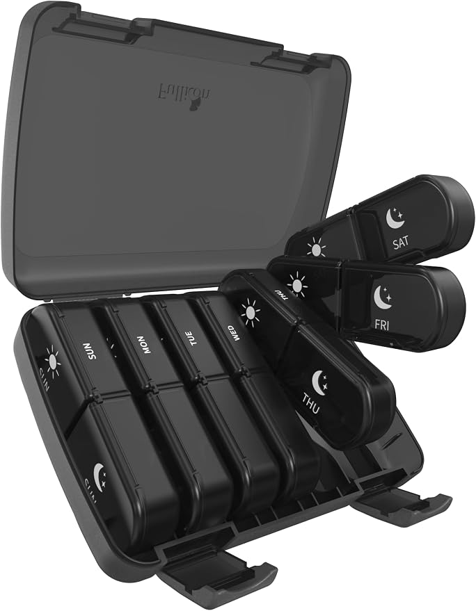 Fullicon Large Portable Pill Organizer 2 Times a Day, Black | Each Compartment Holds 10 Fish Oils or 16 Vitamins, Lid Stays Open Reliably, Double Secure Lock, Durable Hinges, Fits Purse