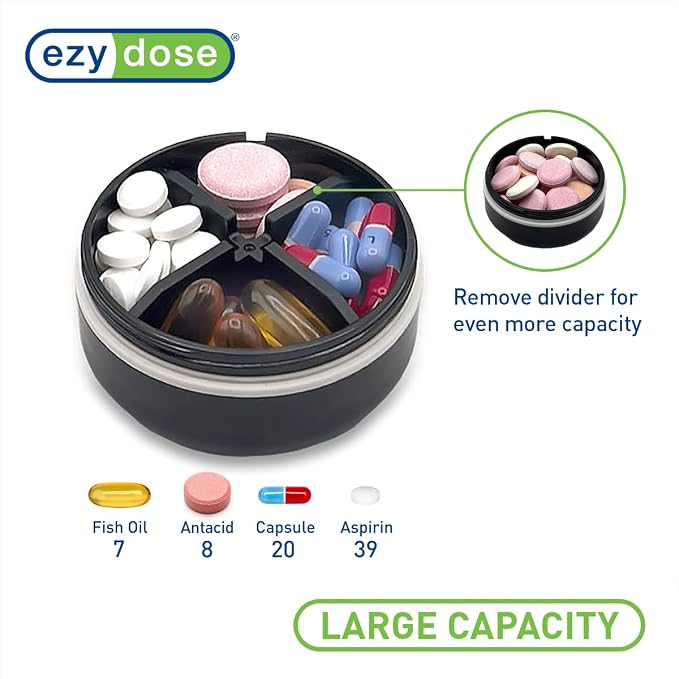 Ezy Dose Mini Vitamin Organizer, Multi Compartments, Black & Cream, Small | Portable and Compact Design, Easy Access Sliding Pill Dispenser, Supplement Organizer with Anti-Mix Design, Travel Friendly