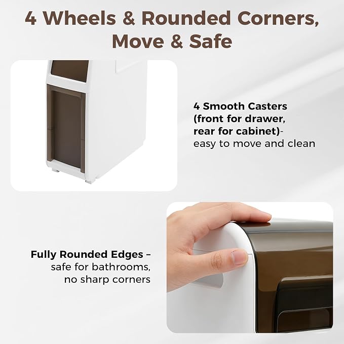 Slim Bathroom Storage Cabinet with Trash Can, Narrow Movable Waterproof Bathroom Floor Cabinet with Toilet Paper Holder for Bathrooms Toilet (15.1 * 6.9 * 37.8in)