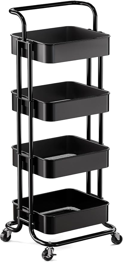 Pipishell Metal 4 Tier Rolling Cart with Handle & 2 Lockable Wheels, Black | Four Large 2" Wheels for Easy Motion, Sturdy Metal, Hold 22 lbs per Shelf, Ideal for Nursery Room, Living Room, Painting Room