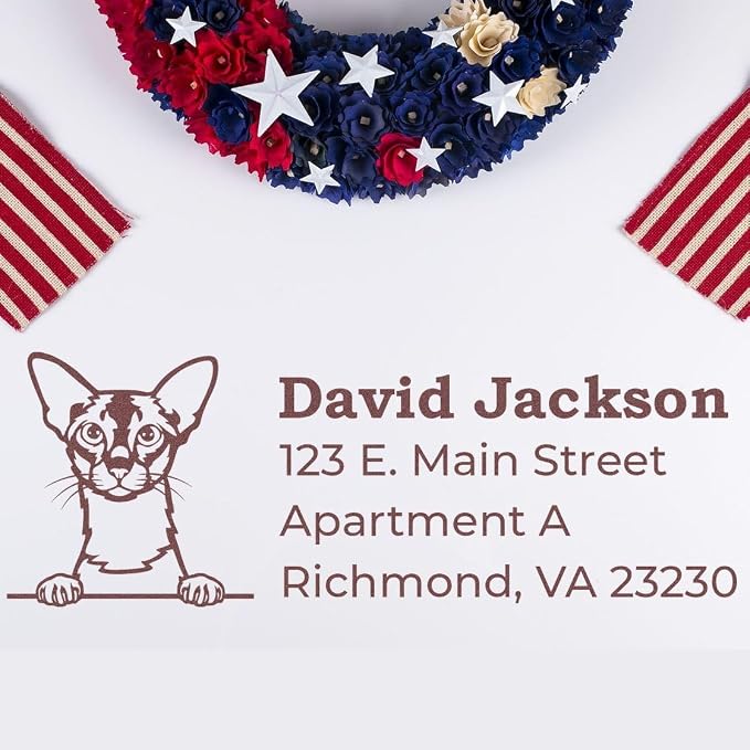 Peeking Colorpoint Shorthair Cat Wood Handle Address Stamp - Custom Stamp | Personalised Address Stamp for Cat Owner Gifts. Address Stamp with Colorpoint Shorthair Cat. 4 lines of custom text.
