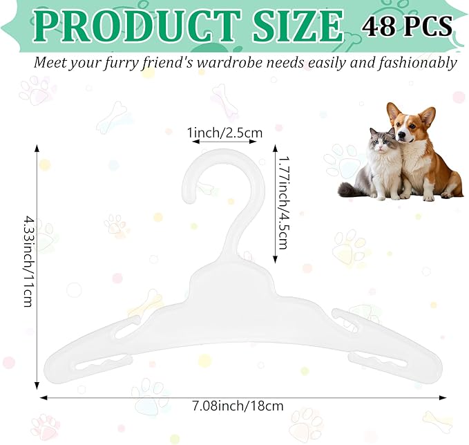 48 Pcs Dog Clothes Hangers, Plastic Dog Cat Clothing Hanger Rack, Wide Non-Slip, Pet Clothing Holder Coat Hanger for Organizing Pet Apparel and Baby Clothes (White)