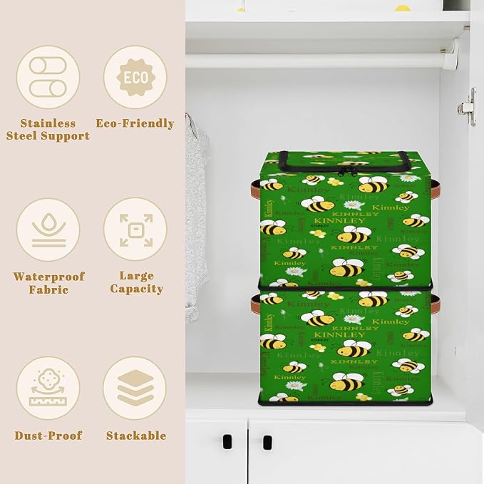 Custom Name Storage Bin with Lid Zipper, Personalized Rectangular Storage Basket with Handles for Organizing Girls Toys Office Closet Shelf Baskets, Cartoon Bee with Daisy Floral Deep Green