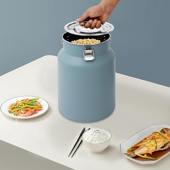 12L Stainless Steel Rice Storage Container with Airtight Lid&Handle, Blue | Secure 3-Buckle Locking Lid, Portable Handle and Wide Opening, Stores Rice, Flour, Pet Food, Tea, Oil, Milk, Grains