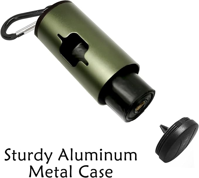 YUCHIYA Aluminum Dog Poop Bags Holder with Carabiner Metal Pet Waste Bags Dispenser with Hook and Loop Fastener and Elastic Cord to Carry Used Bags (Olive Green, 1 Holder 15 Bags)
