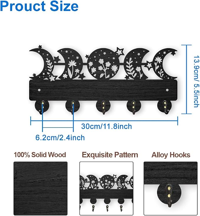 MAYJOYDIY Moon Phase Star Coat Rack Wall Mount Wooden Floral Moon Key Holder for Wall 11.8×5.5inch 5 Alloy Hooks Dreamy Wall Art Decor Black Key Rack Organizer for Gift Entryway Hallway Kitchen Room