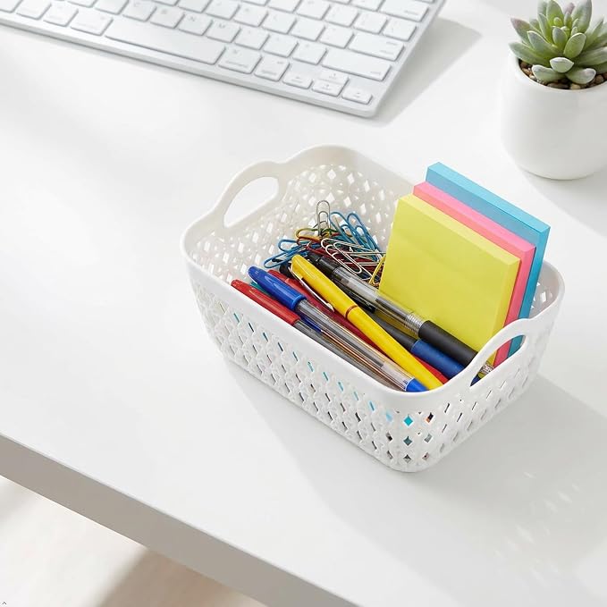 12-Pack Mini Plastic Storage Basket Set, Multipurpose Drawer Trays | White, Kitchen Pantry Containers, Drawer Organizer Trays for Classroom, Desk, Office