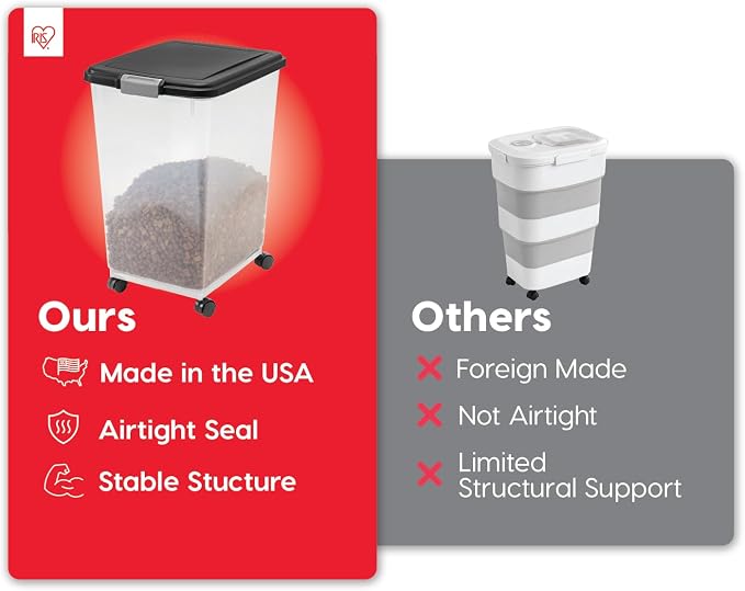IRIS USA Dog Food Storage Container, Up to 54 lbs, Black, Made in USA | Wheels for Mobility, Airtight Seal, BPA-Free, Best for Bird Seed, Cat food, Cat Litter, Chicken Feed, Pellets, Flour, Rice