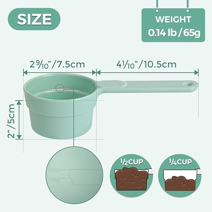 ComSaf MSBC Measuring Dog Food Scoop - 1/2 Cup Scoop Measuring Cup for Dog Cat Ferret Rabbit Bird Food, Melamine Half Cup with Handle, Food-Grade 1/4 Pet Feed Scoop, Dishwasher Safe, Green (Pack of 2)