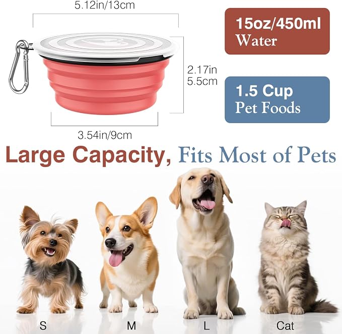 Pawaboo Collapsible Travel Dog Bowls 2 Pack with Lids&Carabiners Silicone | Feeding Watering Bowls for Dogs Cats, Collapsable Water Feeder Food Bowl for Walking Traveling Home Use, Light Pink + Blue