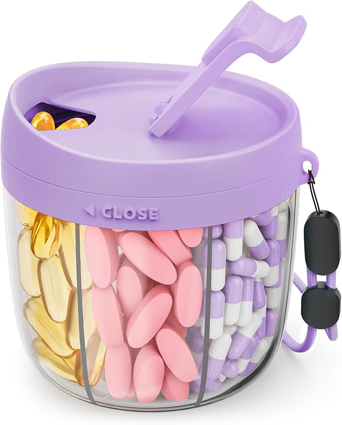 AMOOS Cute Pill Dispenser with Anti-Mix Design, 7-Slot, BPA-Free, Patented | Portable Travel Pill Organizer, Wide Mouth for Easy Access, Pill Bottle Organizer for Vitamins, Fish Oils, Supplement, Purple