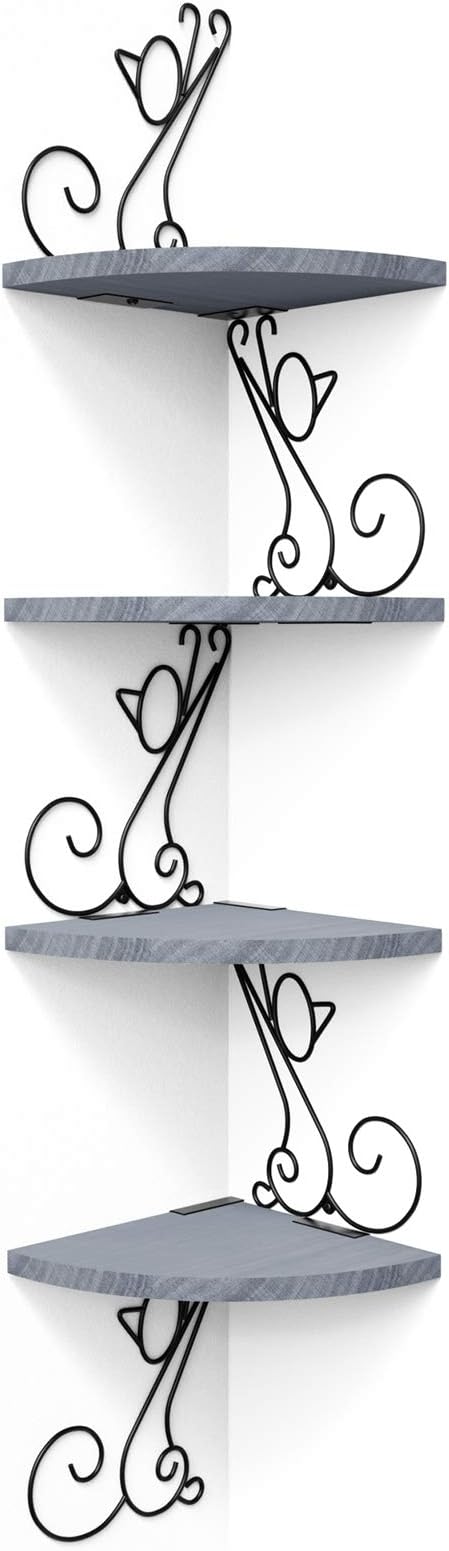 Alsonerbay 4-Tier Cat Shaped Corner Floating Shelf Wall Mount, Grey | Curved solid wood, 35.2 lbs total capacity, reinforced metal bracket, rustic decor, for bedroom, living room & kitchen
