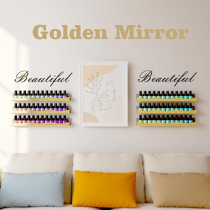 Wall-Mounted Nail Polish Organizer Rack - 15-Inch Gold Mirror Finish Nail Polish Shelf, Makeup & Beauty Essentials Storage - Multi-Purpose Display Holder for Small Space, Vanity Bathroom, 6 Pack