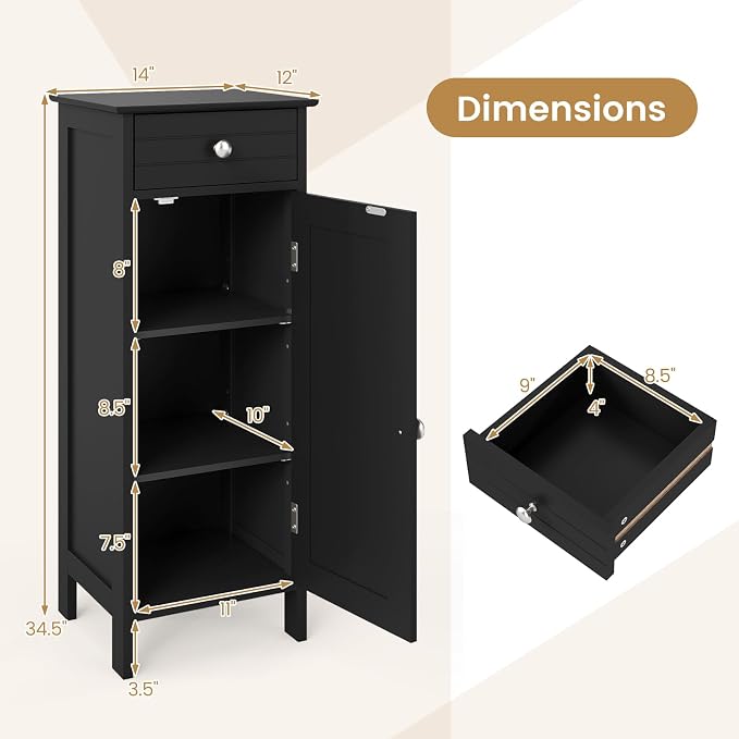GLACER Floor Storage Cabinet, Bathroom Storage Cabinet (Black) | 2 Adjustable Shelves | Ideal for Bathroom, Living Room | 14 x 12 x 34.5 inches