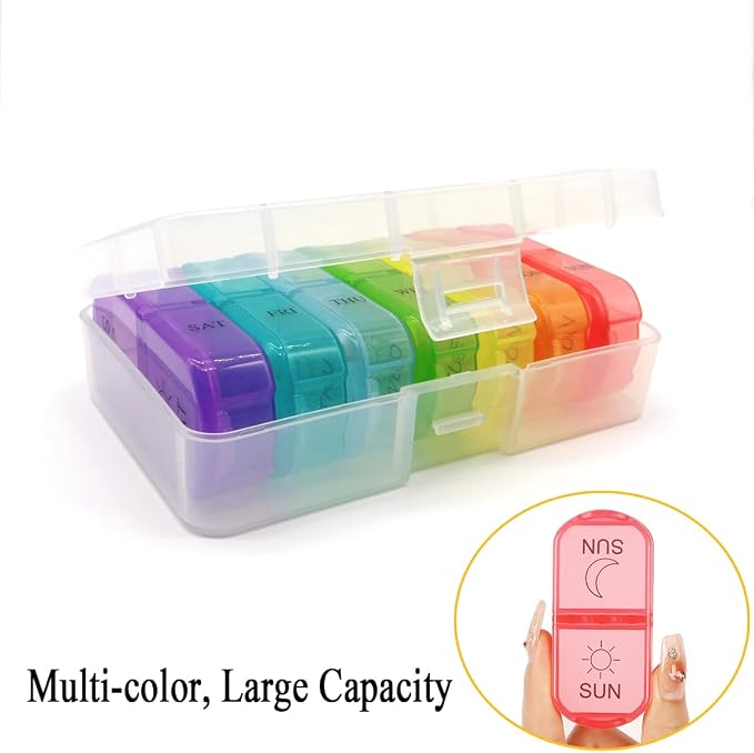Travel Pill Organizer 7-Day for Purse Pocket, Daily Medicine Case | Box with 14 Compartment Weekly Meds Container Reminder Planner AM PM Hold Medicine, Vitamin, Supplement, Fish Oil, Colorful