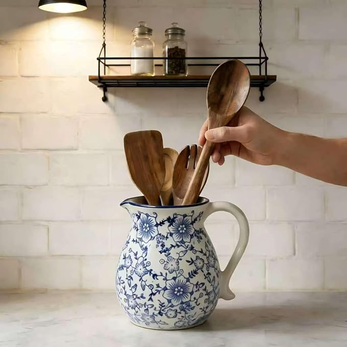 Farmhouse Ceramic Utensil Holder, 6.1"Rustic Cooking Utensil Holder | Utensil Organizer Crock with Handle for Kitchen Counter, Vintage Countertop Home Decor, Flower Pot, Spoon Tool Tray