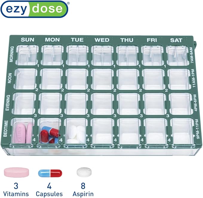 Ezy Dose Pharmadose Weekly 7-Day, 4X/Day Pill Organizer, Green, Small | 28 Small Compartment Pill Case, Medicine Planner, Vitamin Organizer with Easy Fill Tray, BPA Free