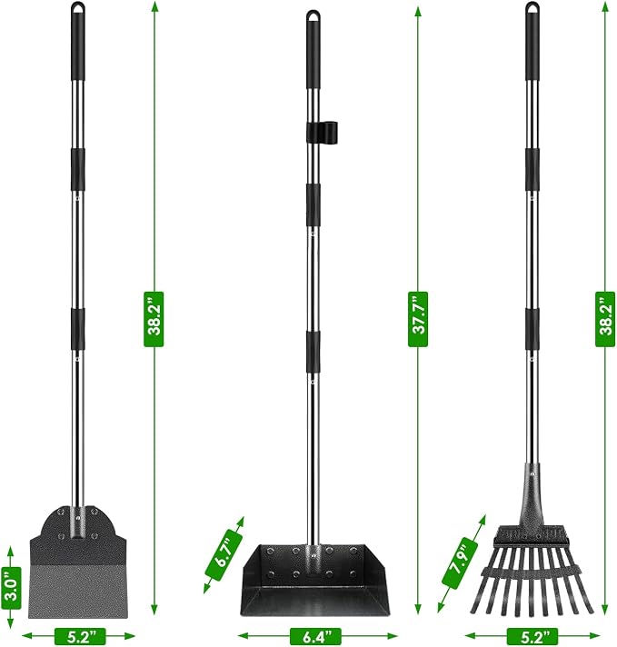 Pooper Scooper, Long Handle Dog Poop Scooper for Medium Small Dogs | Heavy Duty, Pet Supplies Metal Tray Rake Spade, Stainless Steel, Rust-Resistant,37"+ Handle No Bend, Use on Grass Dirt Gravel