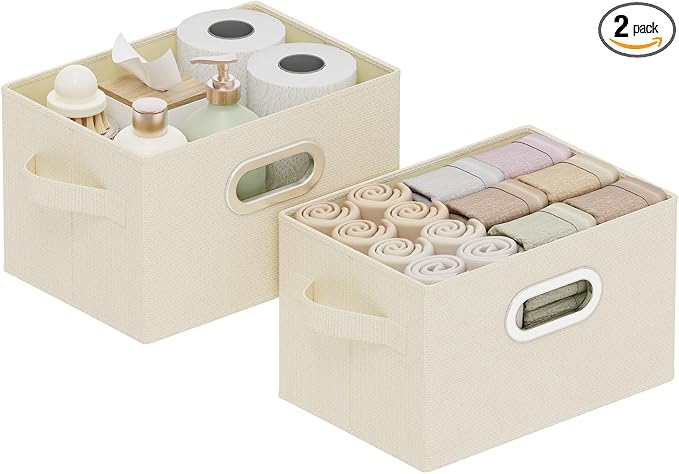 Collapsible Open Storage Baskets,10.2x7.9x6.7in,Beige,2 Pack | Storage Bins with Metal Handles,Rigid PP Panel Organizer Boxes for Organizing Home,Wipeable Garment Basket Cube for Wardrobe