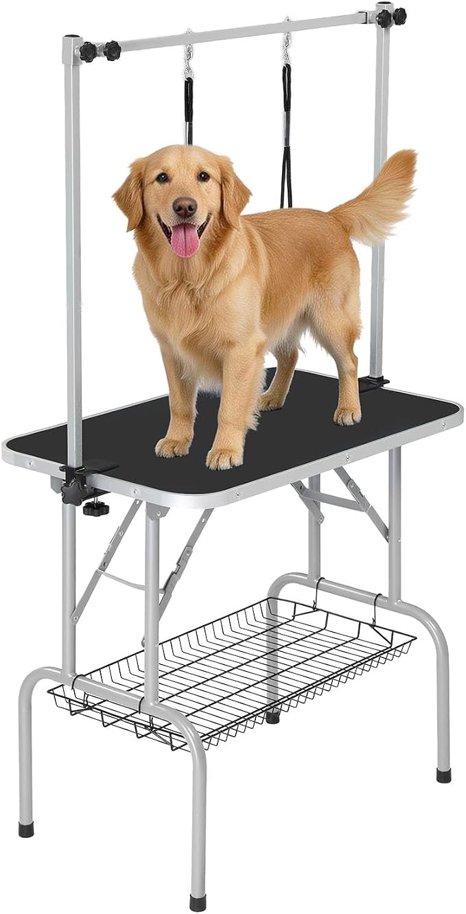 VINGLI Dog Grooming Table, Adjustable Cat Grooming Desktop with Arms and Storage Basket, Pet Grooming Stand at Home (Black, 36 inch)