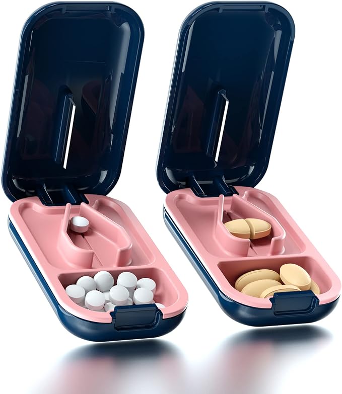 DUBSTAR Pill Cutter Splitter for Small and Tiny Large Pills Blue ＆ Blue | Pill Cutters with Removable Silicone Pad, Tablet Splitters Cuts Vitamins Tablets for Purse Pocket