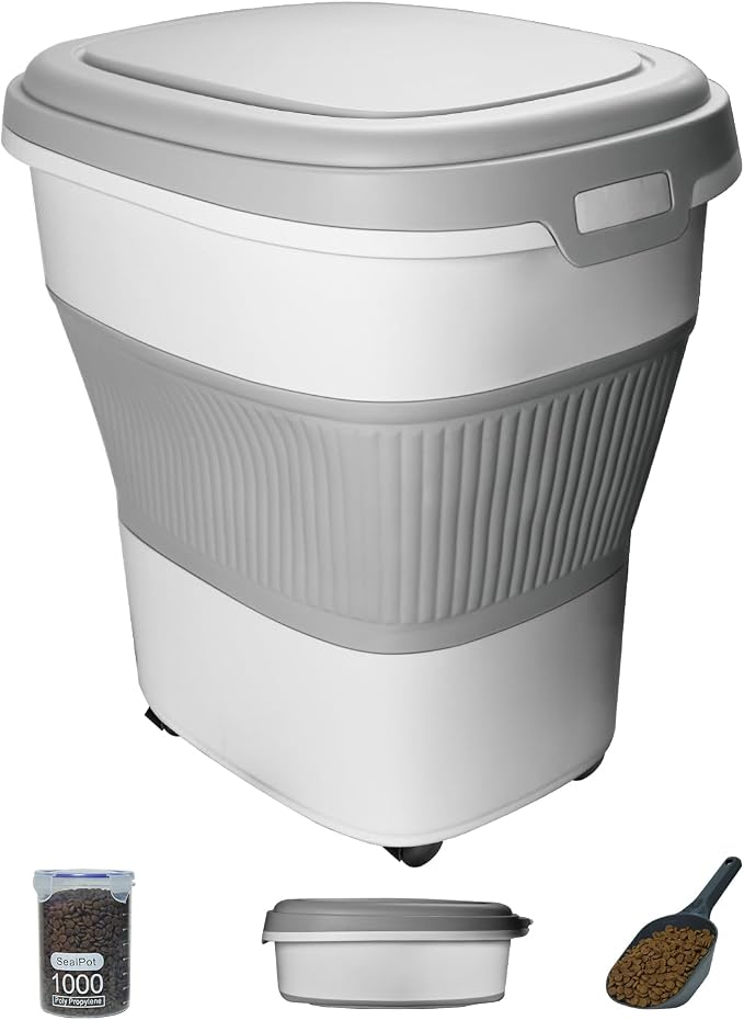 28-30lbs Collapsible Dog Food Storage Container,Airtight Dog Food Container | Pet Food Storage Container with Double Seal Lid,Wheels,Multifunctional for Dog,Cat,Rice,Flour,Scoop &Small Container