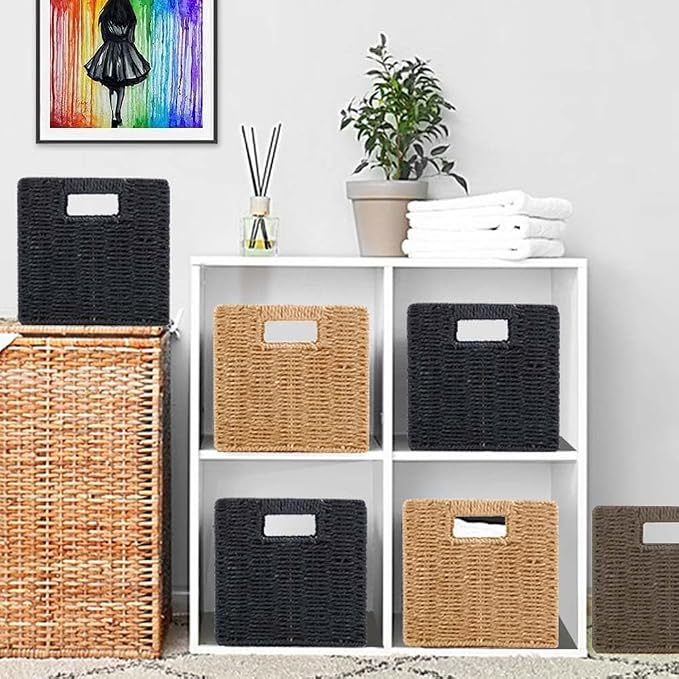 6 Pack 8.7 Inch Wicker Baskets | Hand Paper Rope, Storage Baskets,Foldable Cube Storage Bins Organizer Square Wicker Cubes for Shelves(Brown)