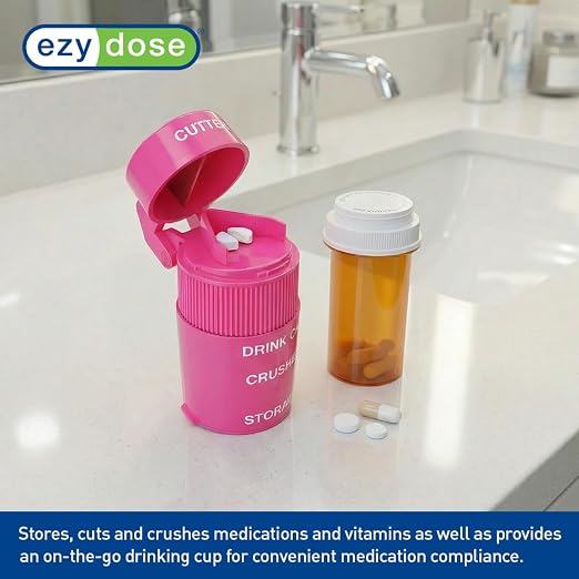 Ezy Dose 3 Compartment Pill Crusher, Cutter & Grinder, Drinking Cup, Pink