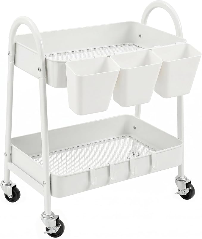 danpinera 2-Tier Rolling Cart, Utility Cart Mobile Metal Rolling Storage Cart with Lockable Wheels & Hanging Cups & Hooks for Kitchen, Bathroom, Office, Workshop, Purple