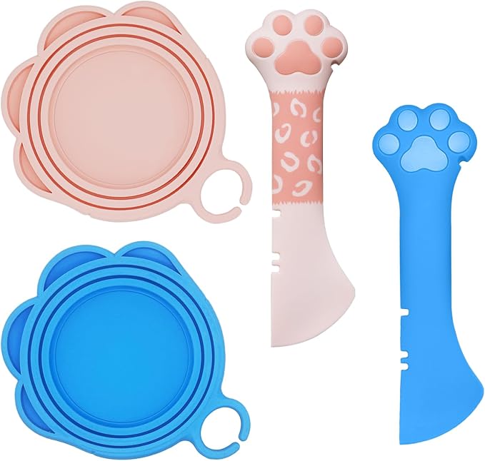 SIANE Cat Food Can Spoons & Can Lids | 4 Pcs | Colorful Multi-Function Opener | Universal Soft Silicone Pet Food Covers | Wet Food Spatula for Kittens and Dogs(Pink+Blue)
