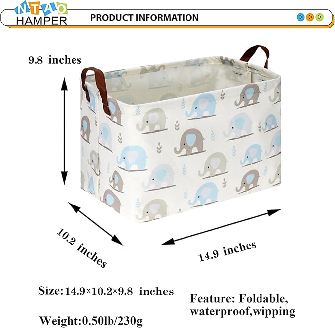 NTAOHAMPER Rectangular Blue Elephant Storage Basket,Collapsible Gift Basket with Handles,Books Box,Room Decor(Blue Elephant)